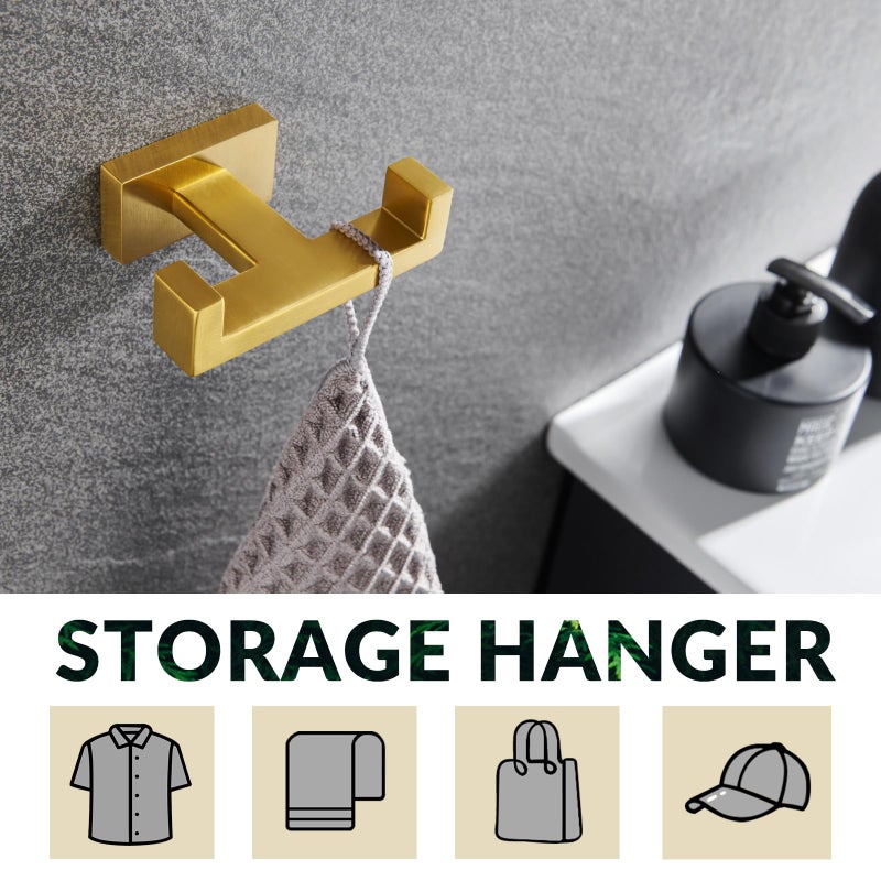 APLusee Double Robe Towel Hook Brushed Gold, 304 Stainless Steel Bathroom Hand Towel Holder, Clothes Wall Hanger for Toilet Kitchen Cabinet - Image 2